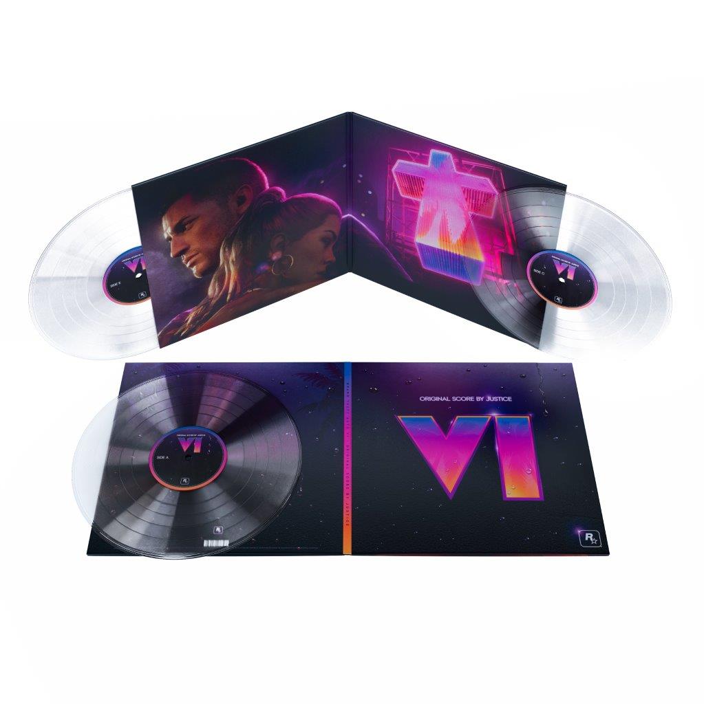 Justice GTA VI score crystal clear vinyl official mockup