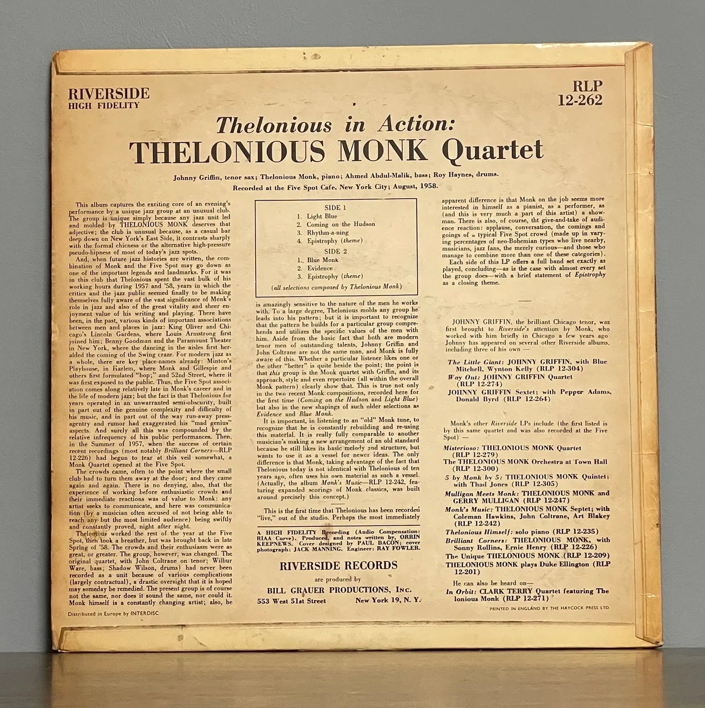 Thelonious Monk Quartet With Johnny Griffin – Thelonious In Action